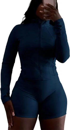 Vssjavun Women 2 Piece Outfits Sweatsuit Sets Long Sleeve Full Zip Workout Jacket Bodycon Shorts Set Tracksuit Loungewear