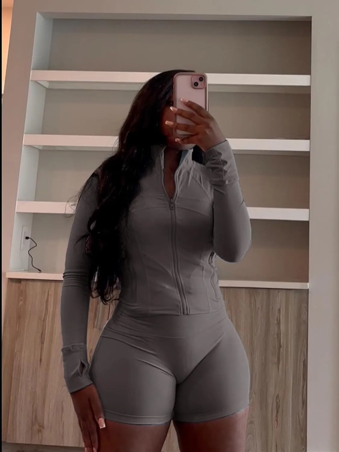 Vssjavun Women 2 Piece Outfits Sweatsuit Sets Long Sleeve Full Zip Workout Jacket Bodycon Shorts Set Tracksuit Loungewear