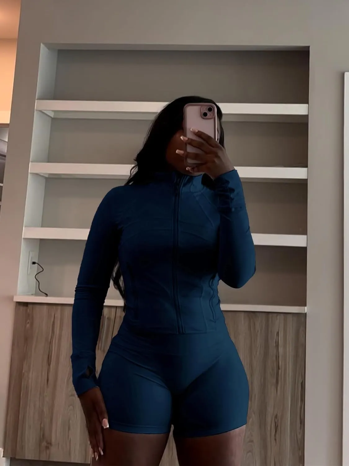 Vssjavun Women 2 Piece Outfits Sweatsuit Sets Long Sleeve Full Zip Workout Jacket Bodycon Shorts Set Tracksuit Loungewear