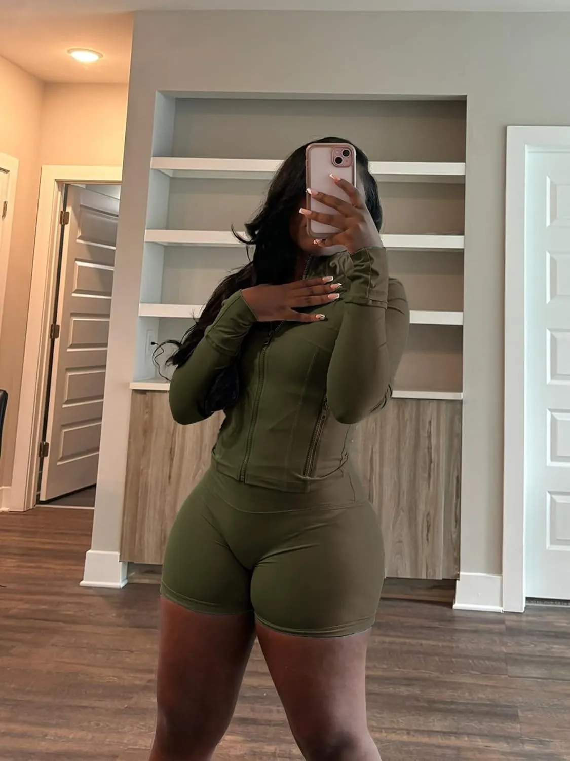 Vssjavun Women 2 Piece Outfits Sweatsuit Sets Long Sleeve Full Zip Workout Jacket Bodycon Shorts Set Tracksuit Loungewear