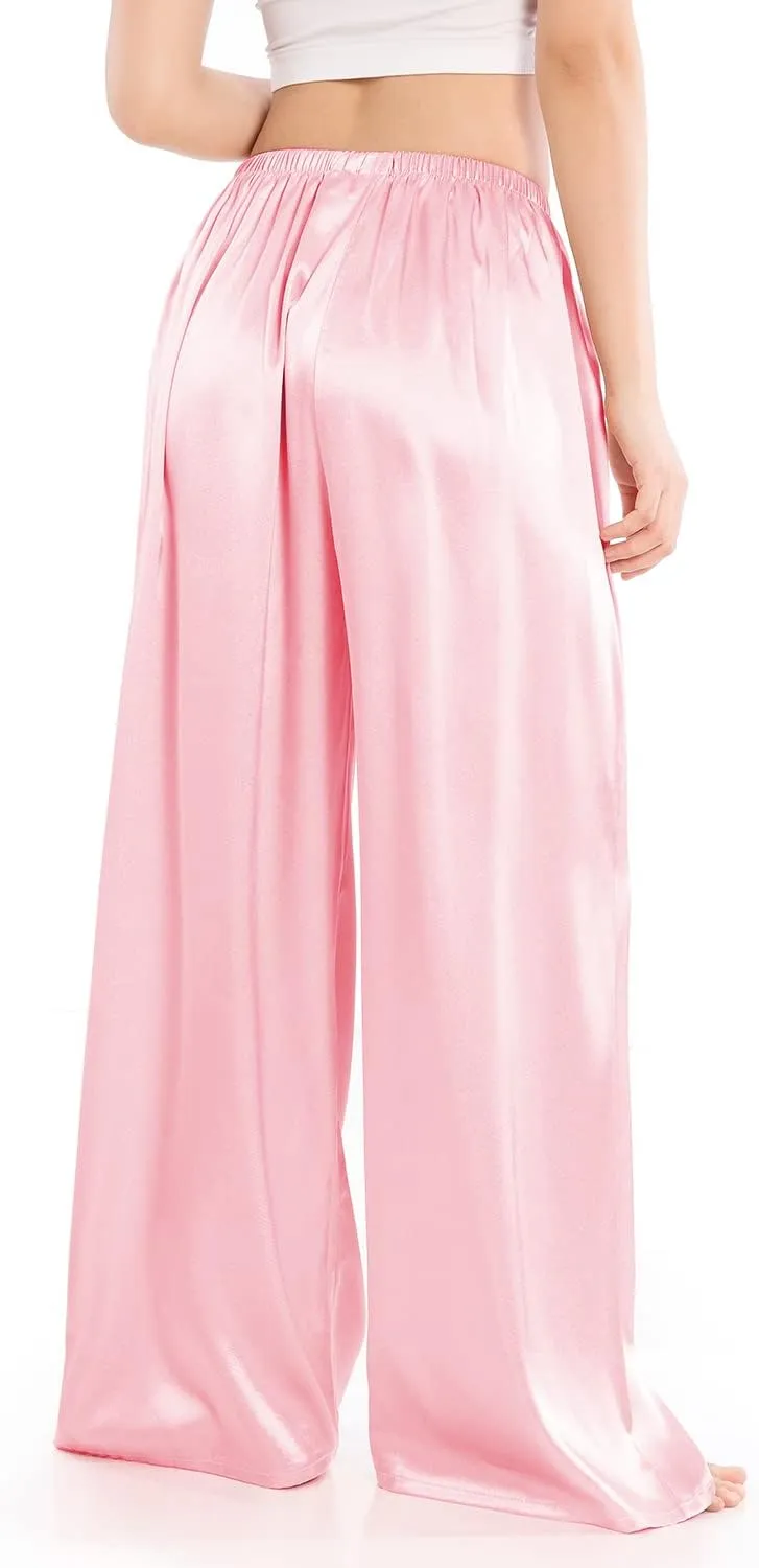 Wantschun Womens Wide Leg Pajama Pants Satin Silk Casual Loose Elastic Waist Lounge Pants Pj Bottoms
