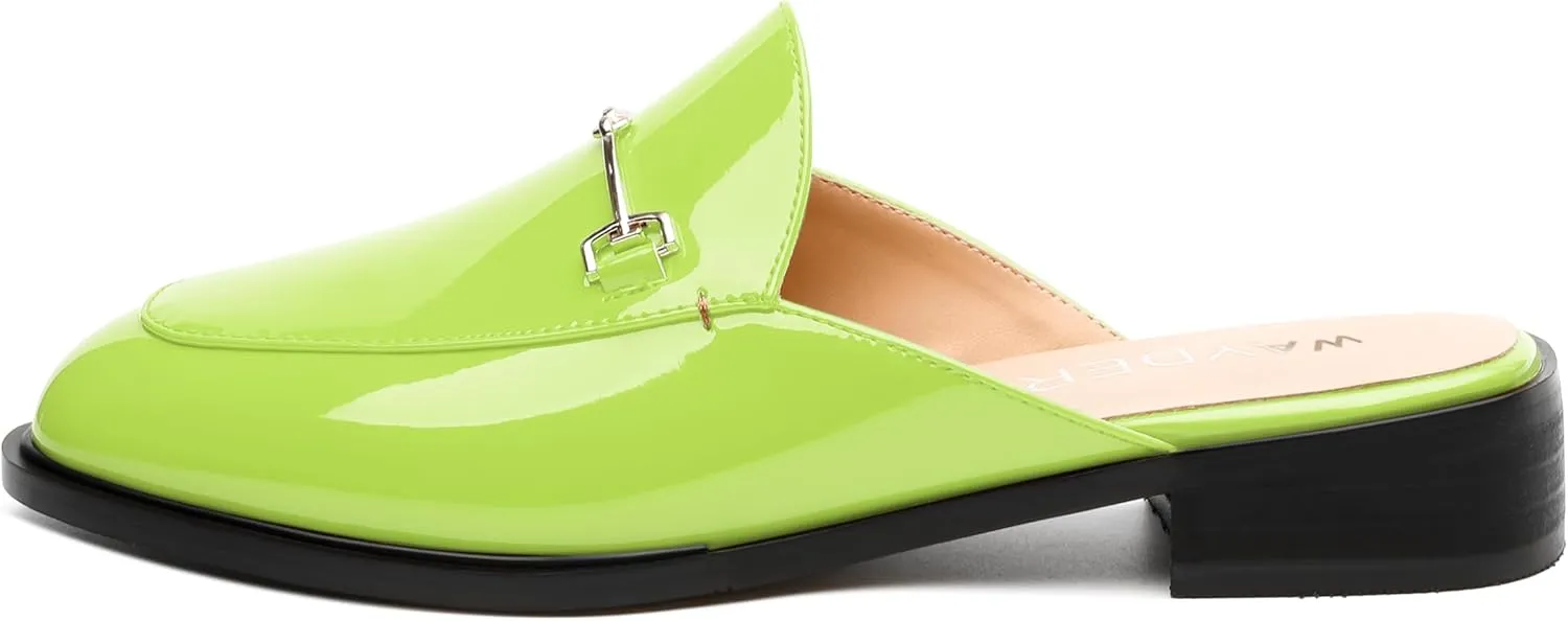 WAYDERNS Mules for Women Slides Loafer Shoes with Low Block Heel Round Closed Toe Comfortable Casual Patent Slip on Backless Loafers Work Business Office Shopping Buckle Mules