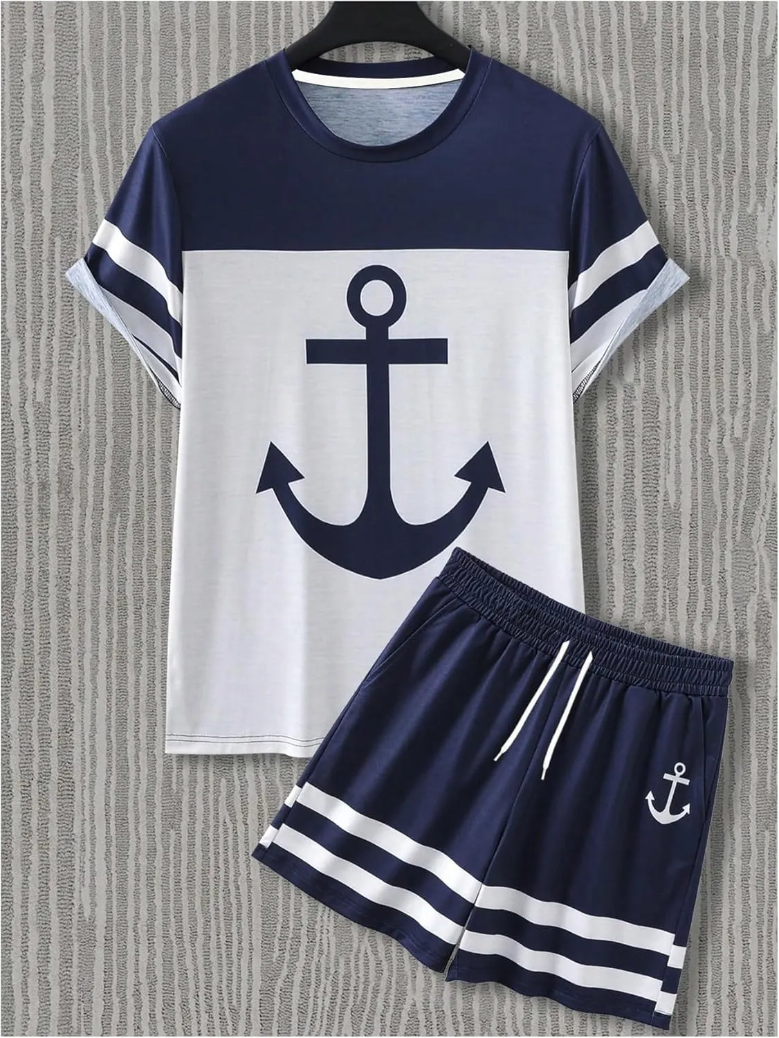 WDIRARA Men's 2 Piece Outfits Anchor Print Striped Tracksuits Short Sleeve T Shirt and Drawstring Shorts Sets