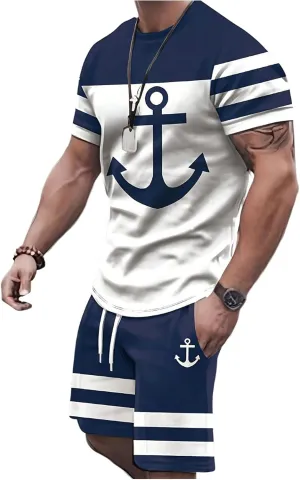 WDIRARA Men's 2 Piece Outfits Anchor Print Striped Tracksuits Short Sleeve T Shirt and Drawstring Shorts Sets