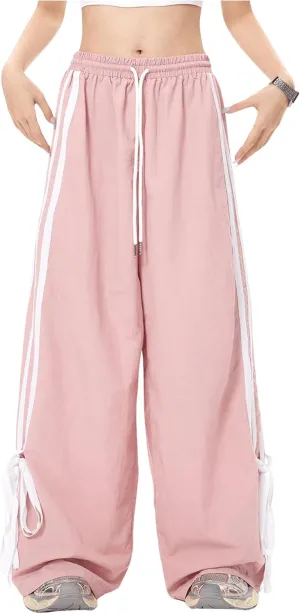 WDIRARA Women's Side Striped Bowknot Track Streetwear Pant Drawstring Waist Wide Leg Long Pants Workout
