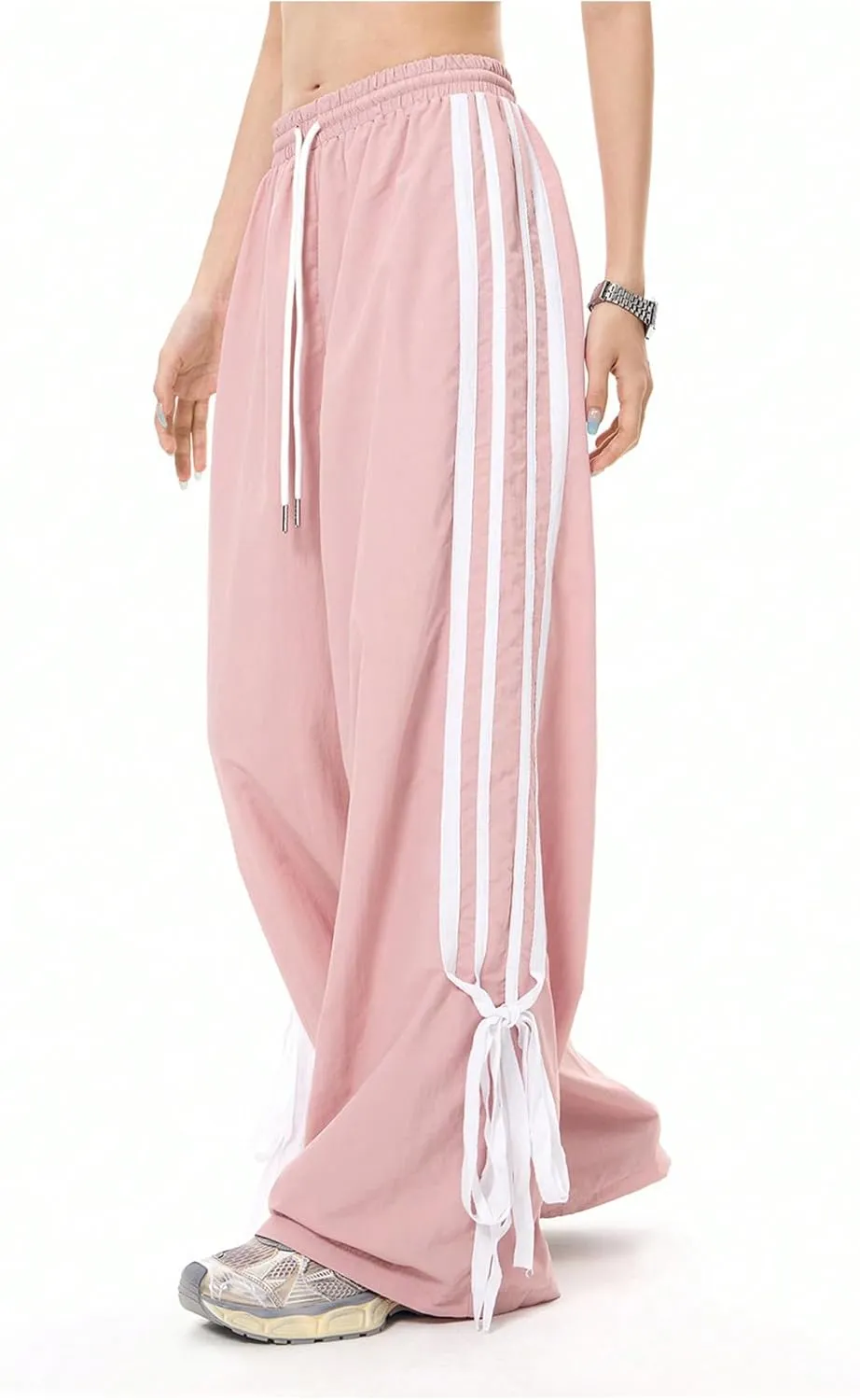 WDIRARA Women's Side Striped Bowknot Track Streetwear Pant Drawstring Waist Wide Leg Long Pants Workout