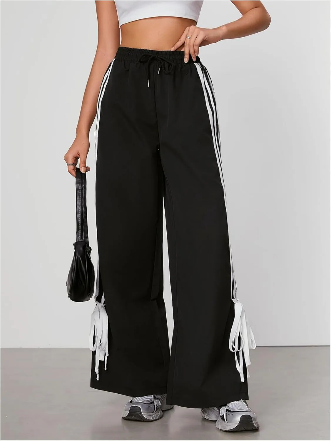WDIRARA Women's Side Striped Bowknot Track Streetwear Pant Drawstring Waist Wide Leg Long Pants Workout