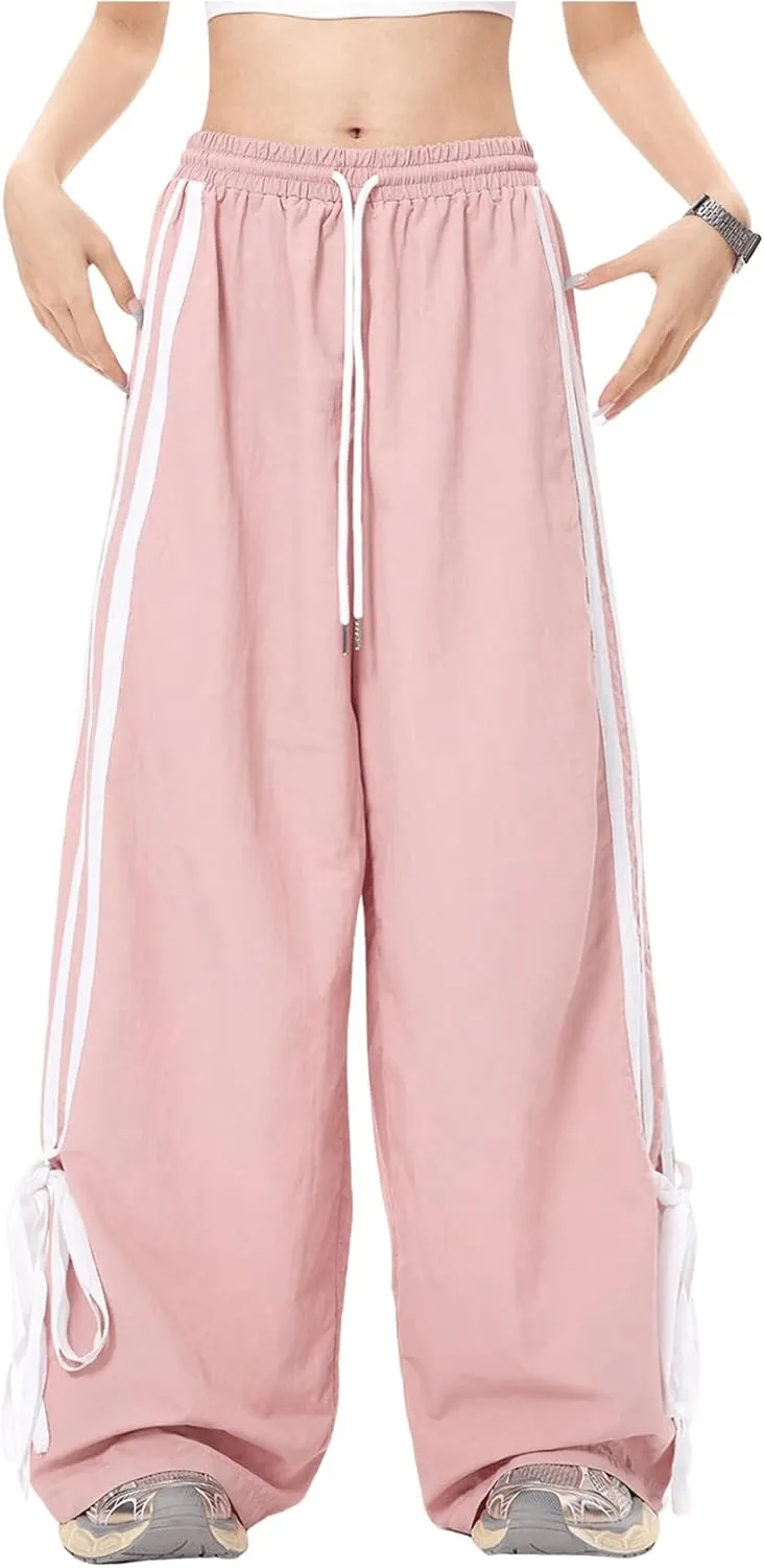 WDIRARA Women's Side Striped Bowknot Track Streetwear Pant Drawstring Waist Wide Leg Long Pants Workout