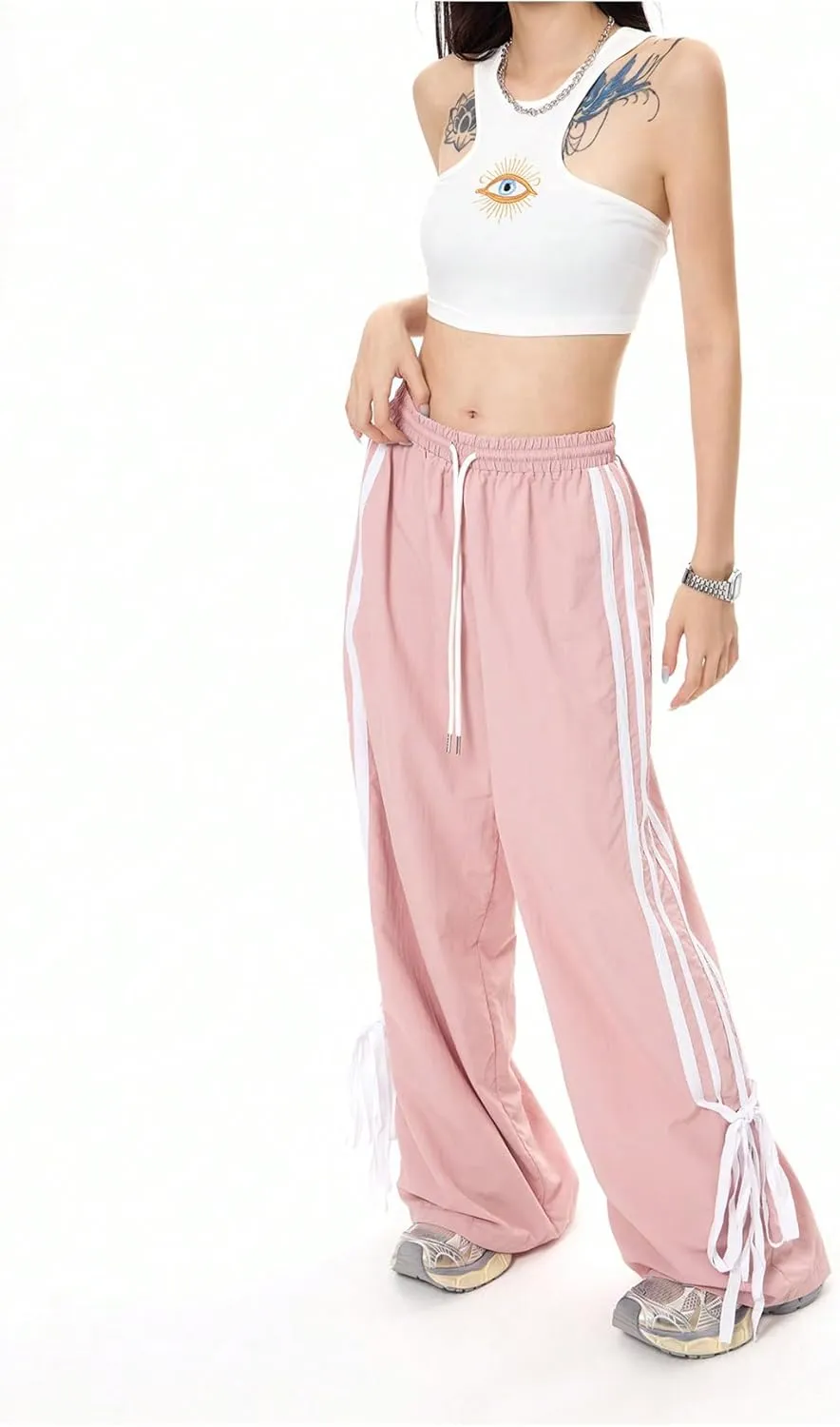WDIRARA Women's Side Striped Bowknot Track Streetwear Pant Drawstring Waist Wide Leg Long Pants Workout