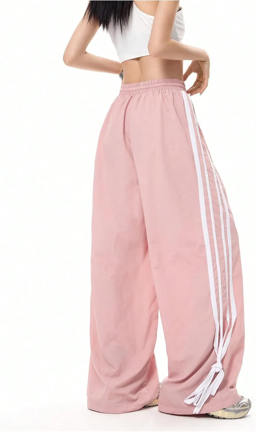 WDIRARA Women's Side Striped Bowknot Track Streetwear Pant Drawstring Waist Wide Leg Long Pants Workout