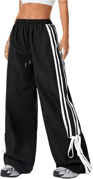 WDIRARA Women's Side Striped Bowknot Track Streetwear Pant Drawstring Waist Wide Leg Long Pants Workout