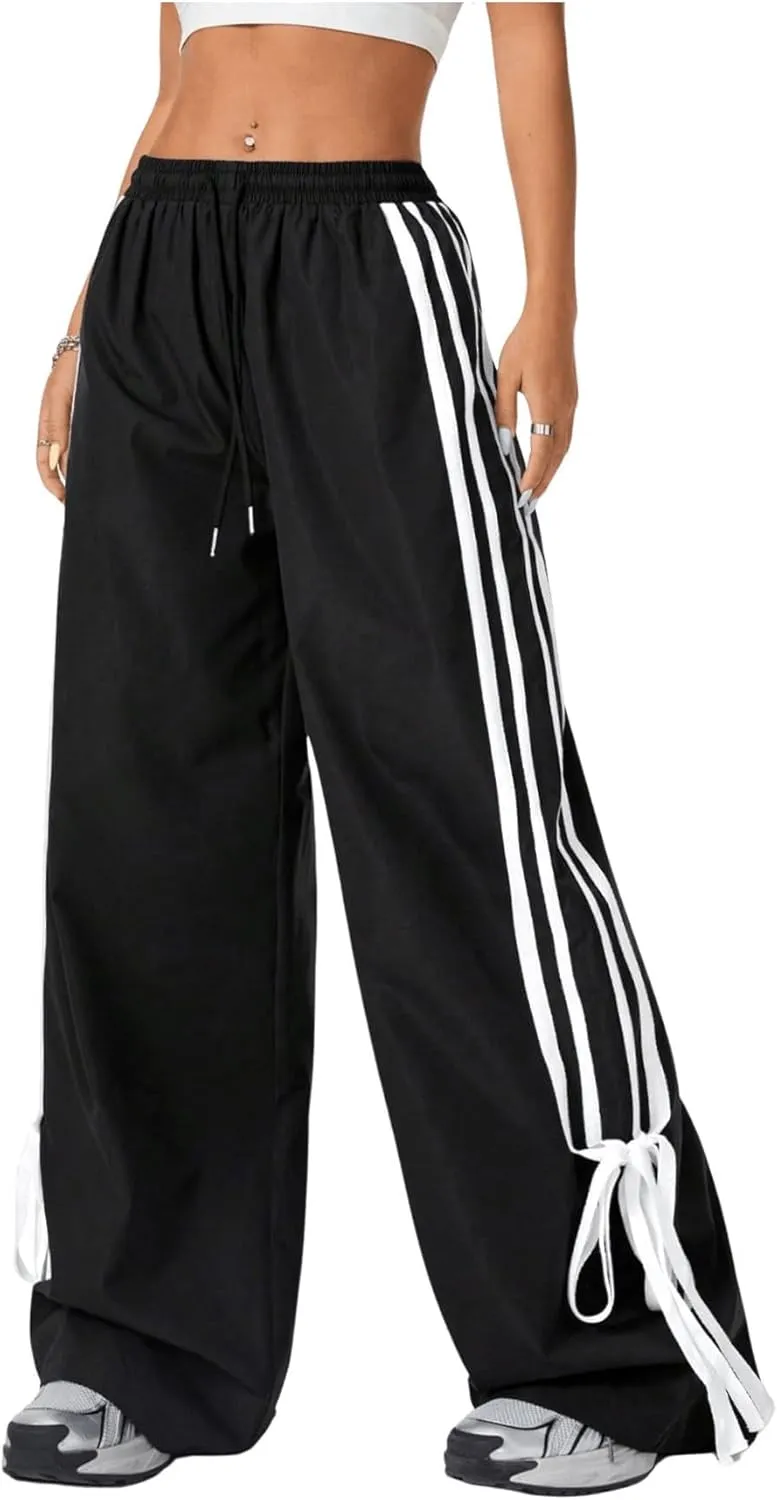 WDIRARA Women's Side Striped Bowknot Track Streetwear Pant Drawstring Waist Wide Leg Long Pants Workout