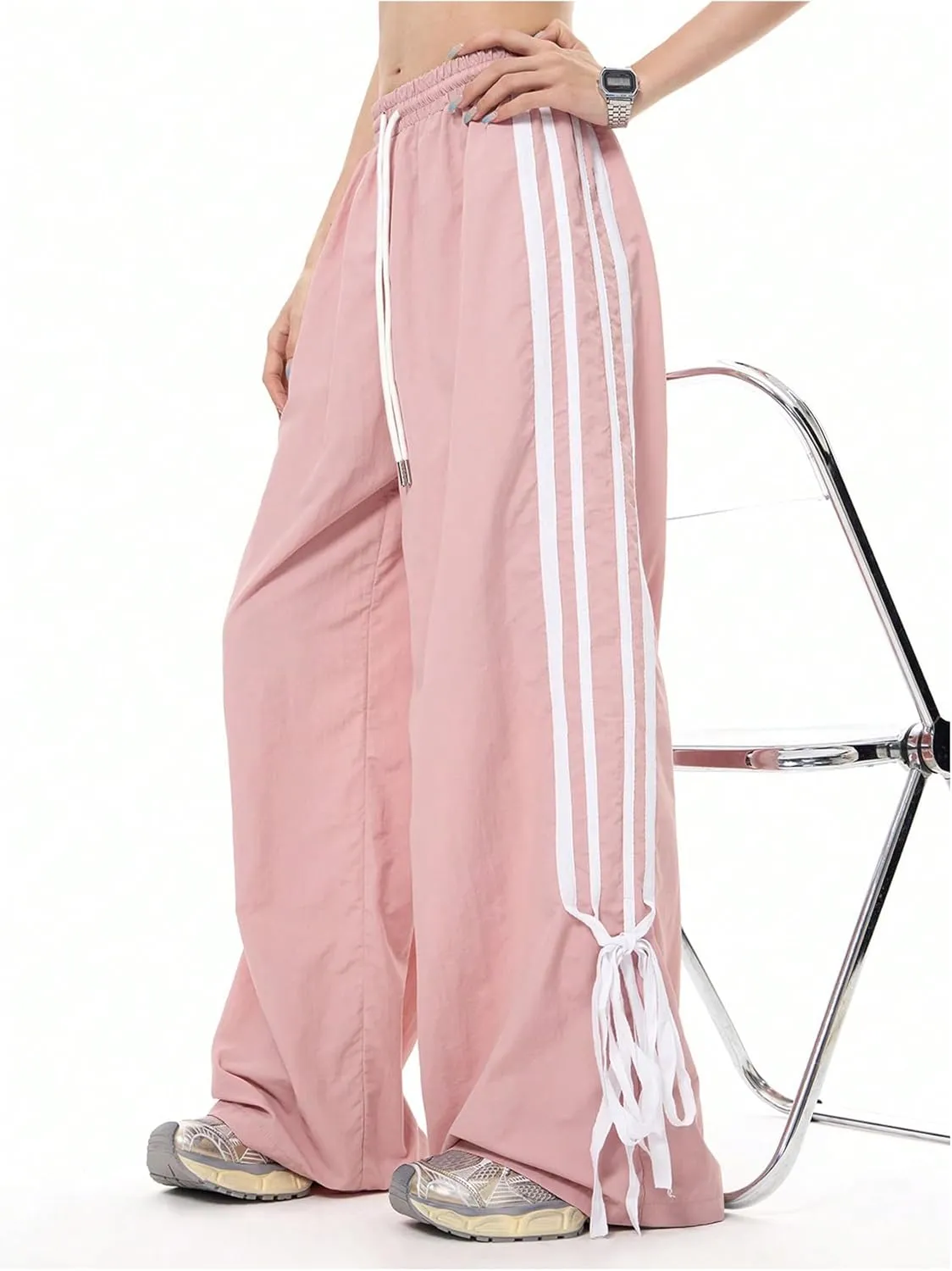 WDIRARA Women's Side Striped Bowknot Track Streetwear Pant Drawstring Waist Wide Leg Long Pants Workout