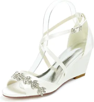 Wedding Shoes for Bride Women Cross Strap Lace Satin Wedding Evening Party Bridesmaid Prom Shoes