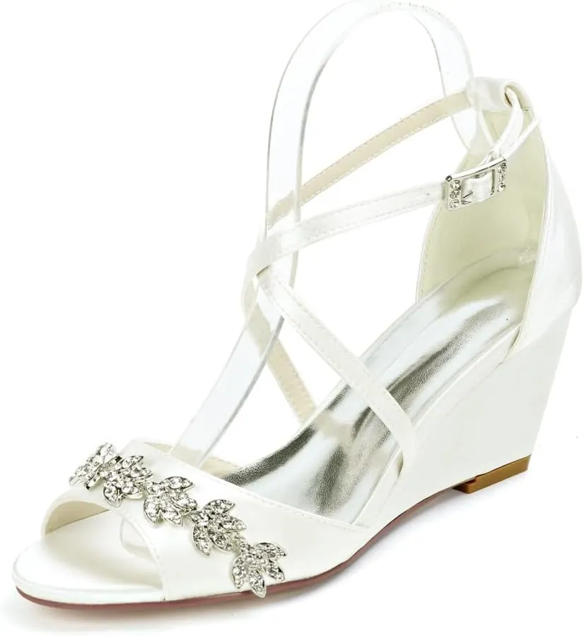 Wedding Shoes for Bride Women Cross Strap Lace Satin Wedding Evening Party Bridesmaid Prom Shoes