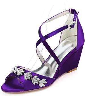 Wedding Shoes for Bride Women Cross Strap Lace Satin Wedding Evening Party Bridesmaid Prom Shoes,Dark Purple,12