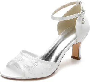 Wedding Shoes Women's Lace Low Heel Open Toe Sandals Satin Ankle Strap Bridal Wedding Dress Pump Shoes 6.5Cm