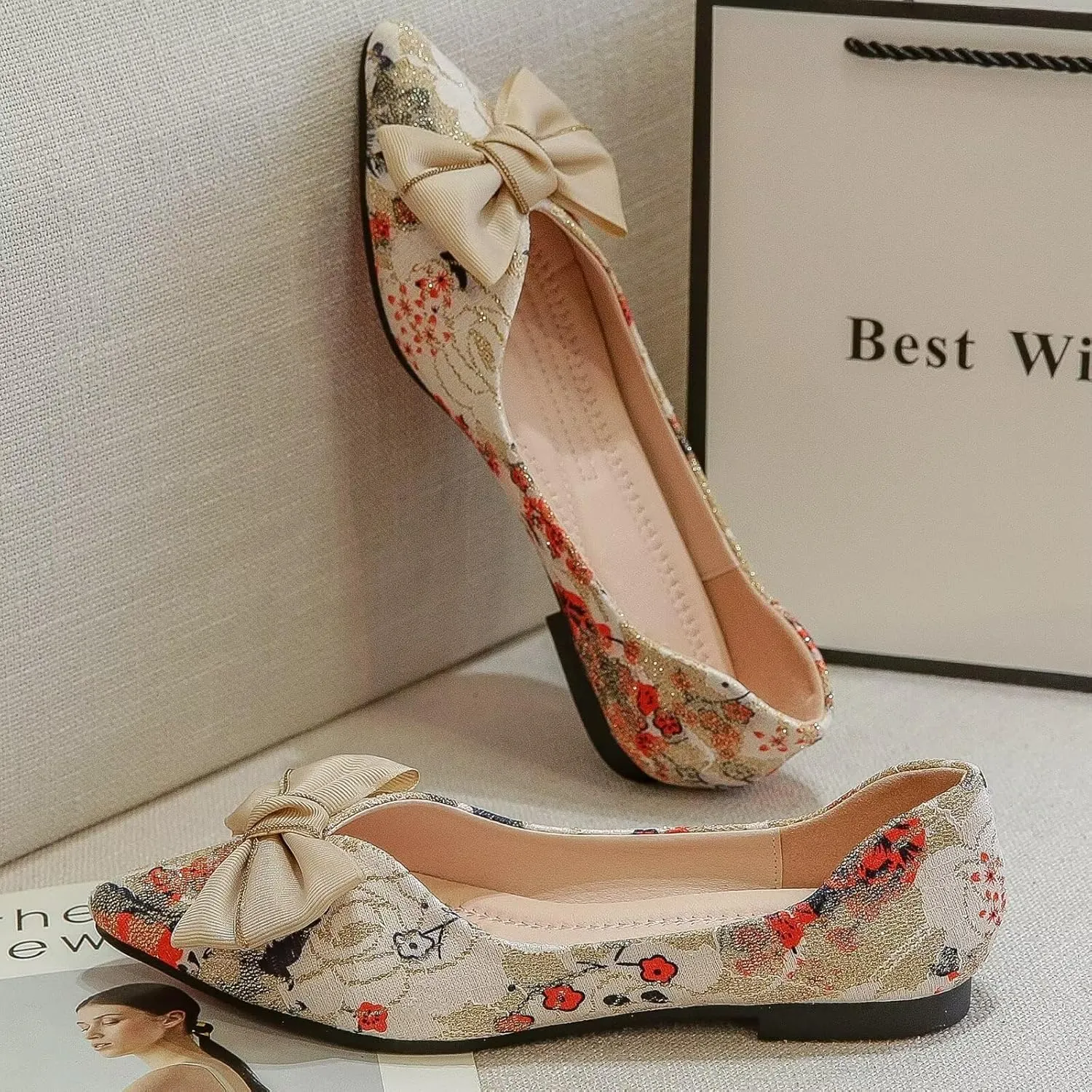 WENJIAZHIZHI Womens Pointed Toe Bow Flats Elegant Floral Print Slip-ons Comfortable Dress Shoes for Party Wedding