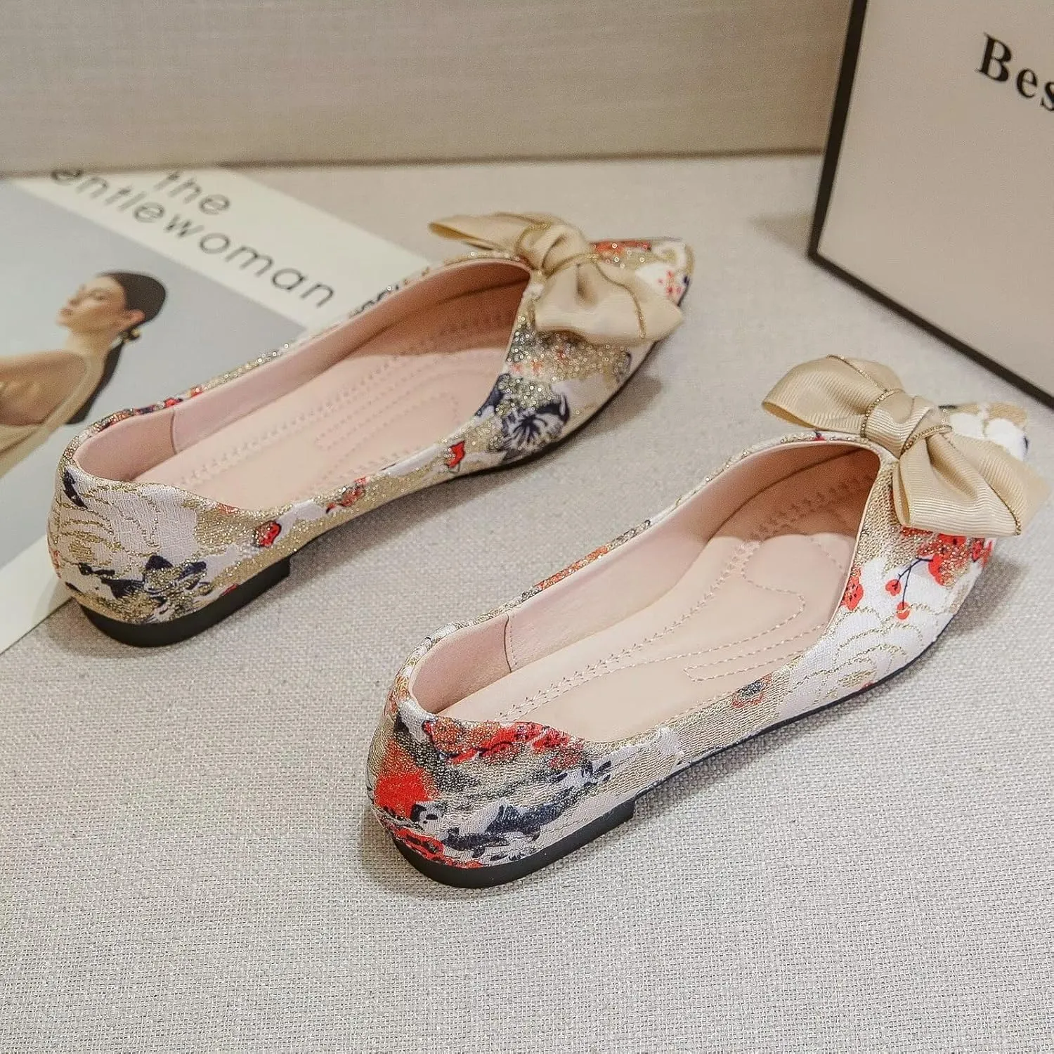 WENJIAZHIZHI Womens Pointed Toe Bow Flats Elegant Floral Print Slip-ons Comfortable Dress Shoes for Party Wedding