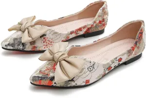 WENJIAZHIZHI Womens Pointed Toe Bow Flats Elegant Floral Print Slip-ons Comfortable Dress Shoes for Party Wedding