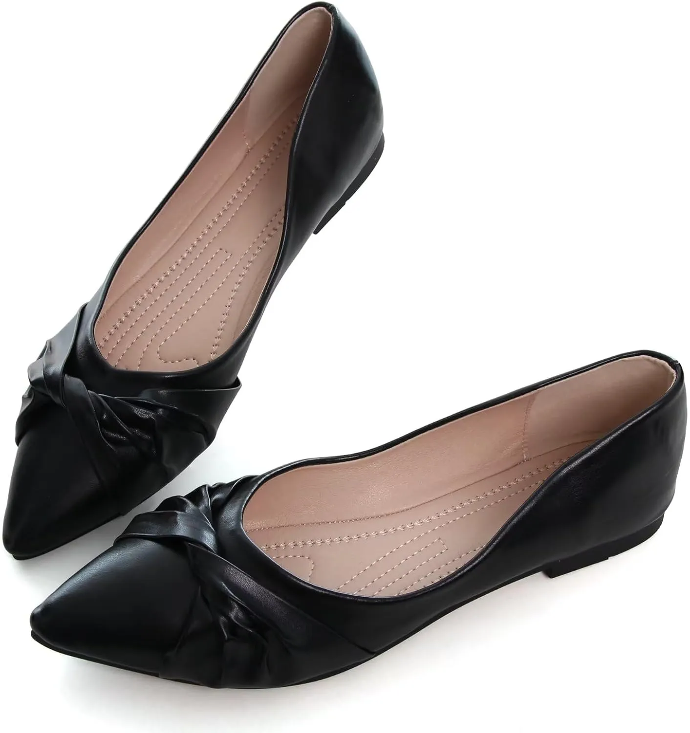 WENJIAZHIZHI Womens Ruched Bow Ballet Flats Comfortable Pointed Toe Slip On Walking Loafers Dress Shoes for Women Dressy Casual