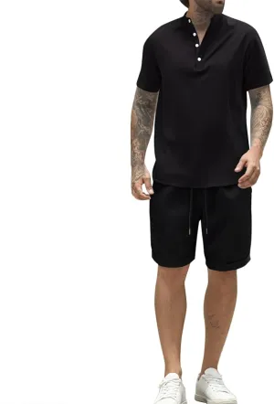 WENKOMG1 Cotton Linen Shirt Sets for Men Lightweight Breathable Summer Track Suits Lounge Henley Shirt and Shorts Suits