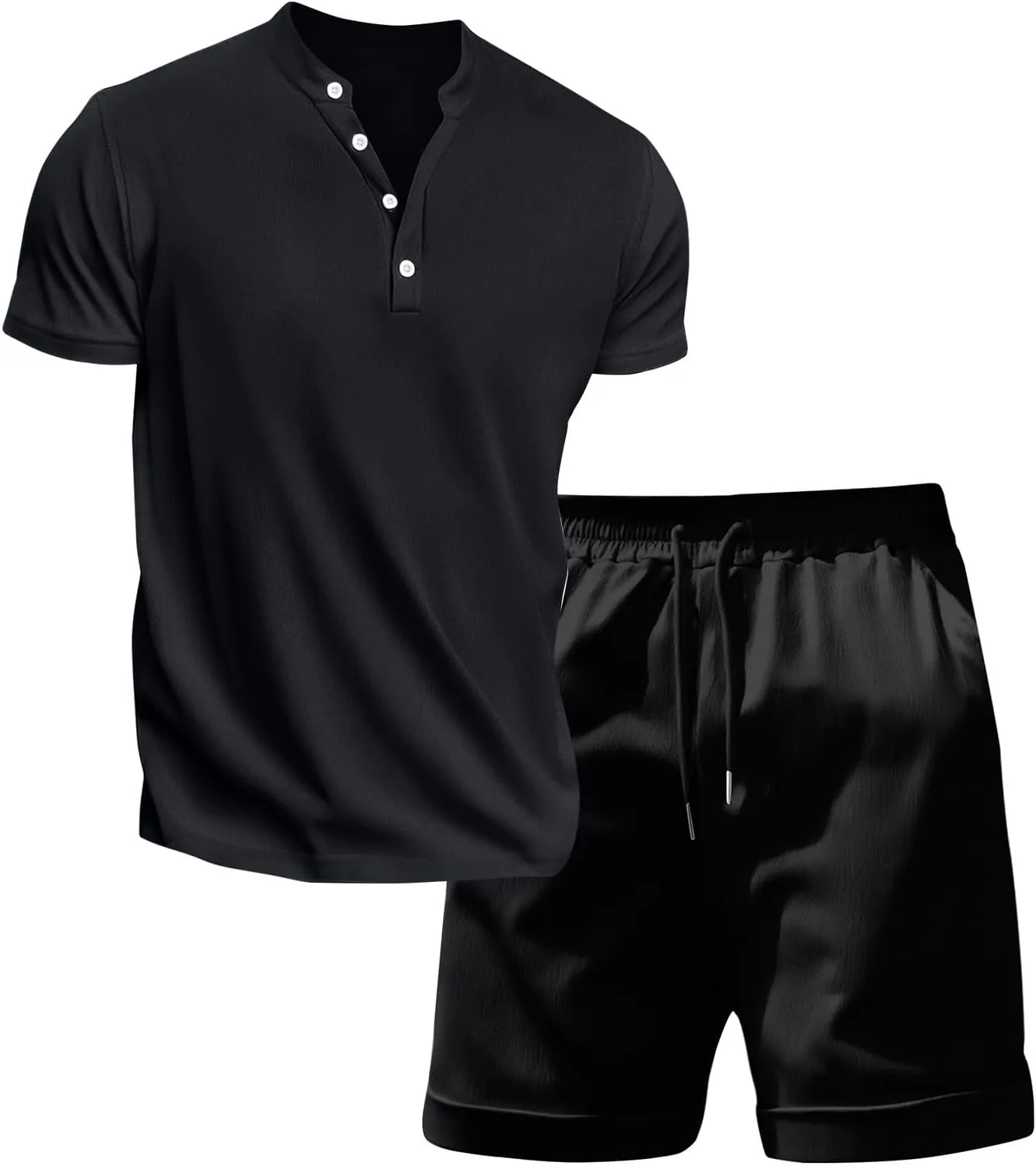 WENKOMG1 Cotton Linen Shirt Sets for Men Lightweight Breathable Summer Track Suits Lounge Henley Shirt and Shorts Suits
