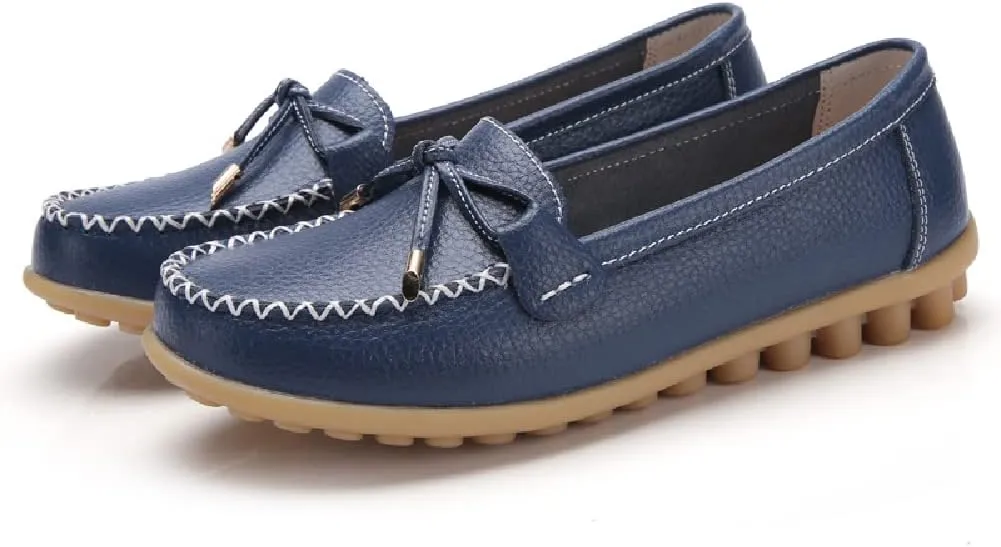WERWAES Casual Womens Loafers Flat Classic Lace-up Round Toe Leather Slip-on Penny Loafers for Womens Comfortable Lightweight Driving Outdoor Moccasins Boat Flats Shoes