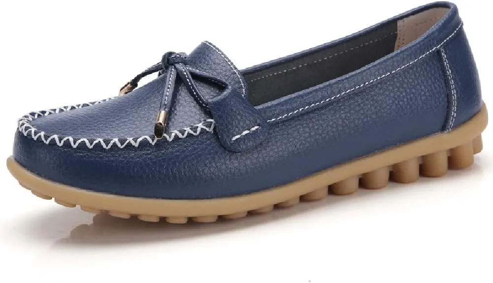WERWAES Casual Womens Loafers Flat Classic Lace-up Round Toe Leather Slip-on Penny Loafers for Womens Comfortable Lightweight Driving Outdoor Moccasins Boat Flats Shoes