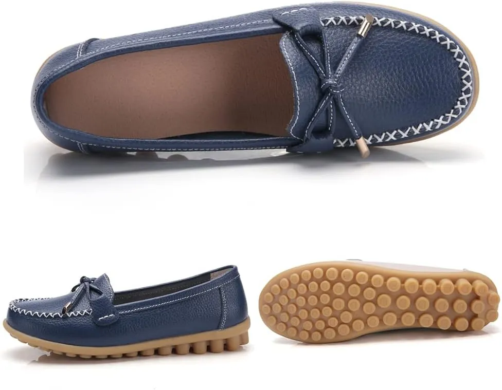 WERWAES Casual Womens Loafers Flat Classic Lace-up Round Toe Leather Slip-on Penny Loafers for Womens Comfortable Lightweight Driving Outdoor Moccasins Boat Flats Shoes