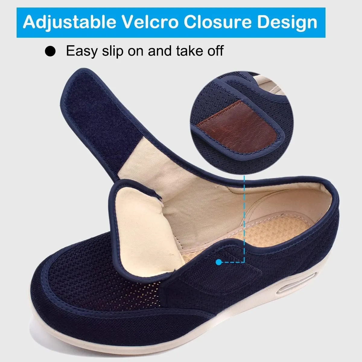 Wide Shoes with Adjustable Strap, Diabetic Shoes for Swollen Feet Easy Put On/Off Shoes for Seniors
