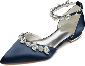 Women Bridal Flat Sandals Satin Rhinestones Wedding Flats Shoes for Bride Pointed Toe Ankle Buckle Strap Flats 2.5Cm