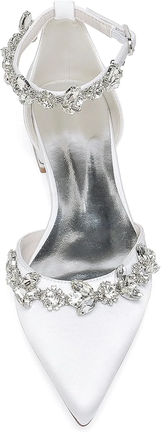Women Bridal Flat Sandals Satin Rhinestones Wedding Flats Shoes for Bride Pointed Toe Ankle Buckle Strap Flats 2.5Cm