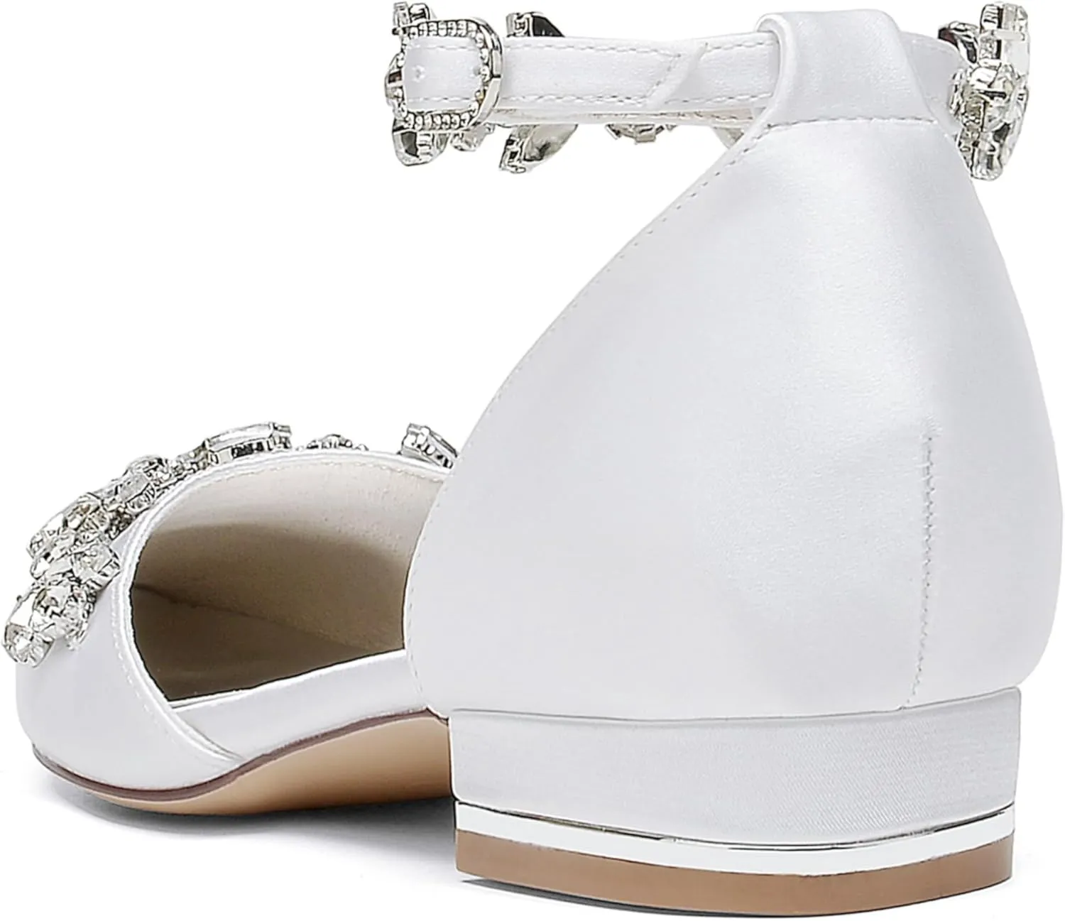 Women Bridal Flat Sandals Satin Rhinestones Wedding Flats Shoes for Bride Pointed Toe Ankle Buckle Strap Flats 2.5Cm