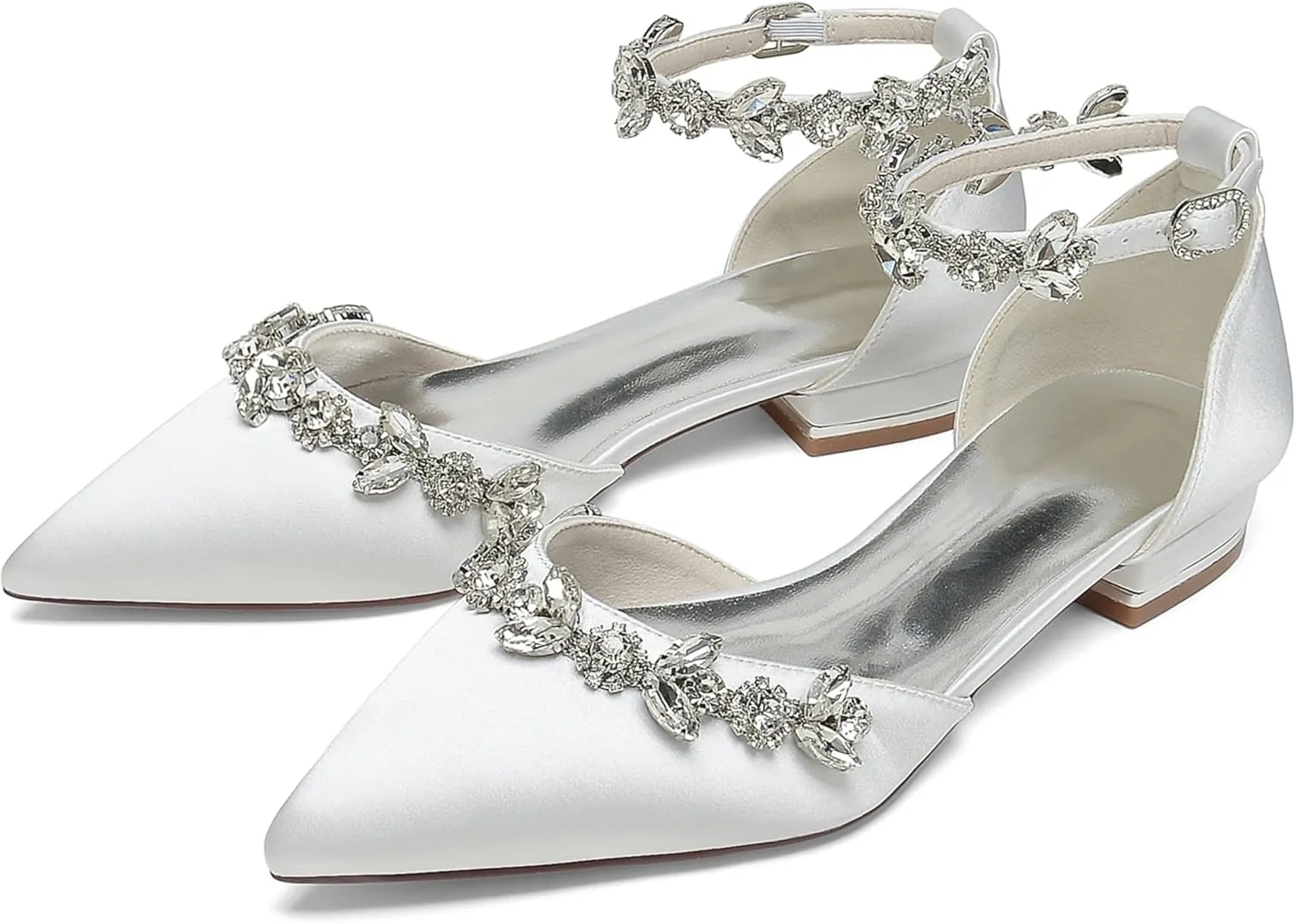 Women Bridal Flat Sandals Satin Rhinestones Wedding Flats Shoes for Bride Pointed Toe Ankle Buckle Strap Flats 2.5Cm