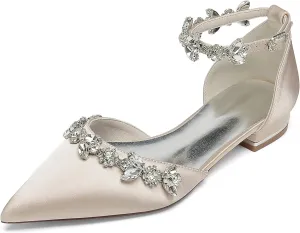 Women Bridal Flat Sandals Satin Rhinestones Wedding Flats Shoes for Bride Pointed Toe Ankle Buckle Strap Flats 2.5Cm