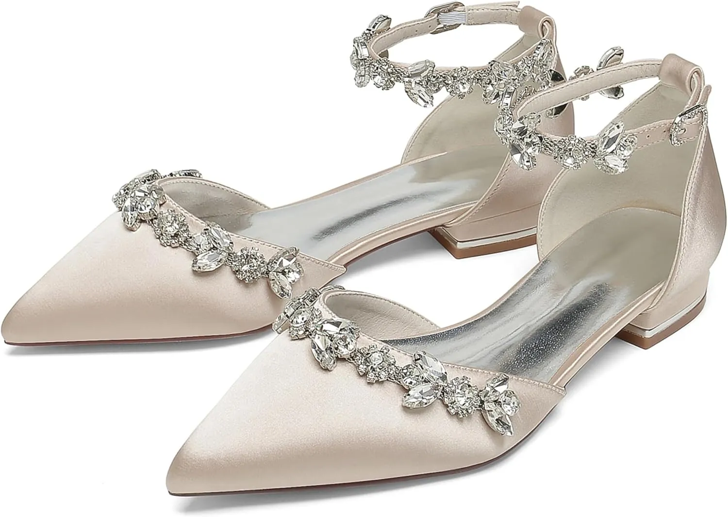 Women Bridal Flat Sandals Satin Rhinestones Wedding Flats Shoes for Bride Pointed Toe Ankle Buckle Strap Flats 2.5Cm