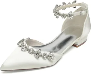 Women Bridal Flat Sandals Satin Rhinestones Wedding Flats Shoes for Bride Pointed Toe Ankle Buckle Strap Flats 2.5Cm