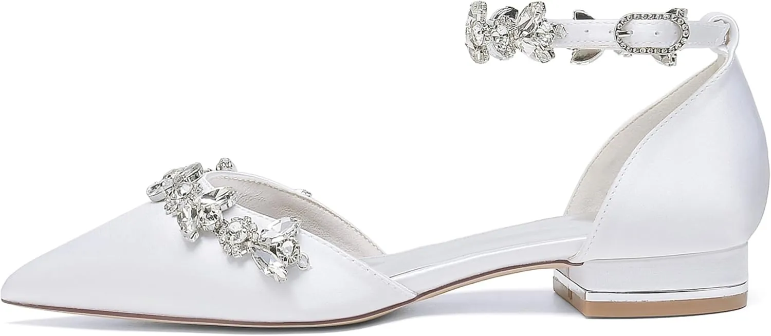 Women Bridal Flat Sandals Satin Rhinestones Wedding Flats Shoes for Bride Pointed Toe Ankle Buckle Strap Flats 2.5Cm