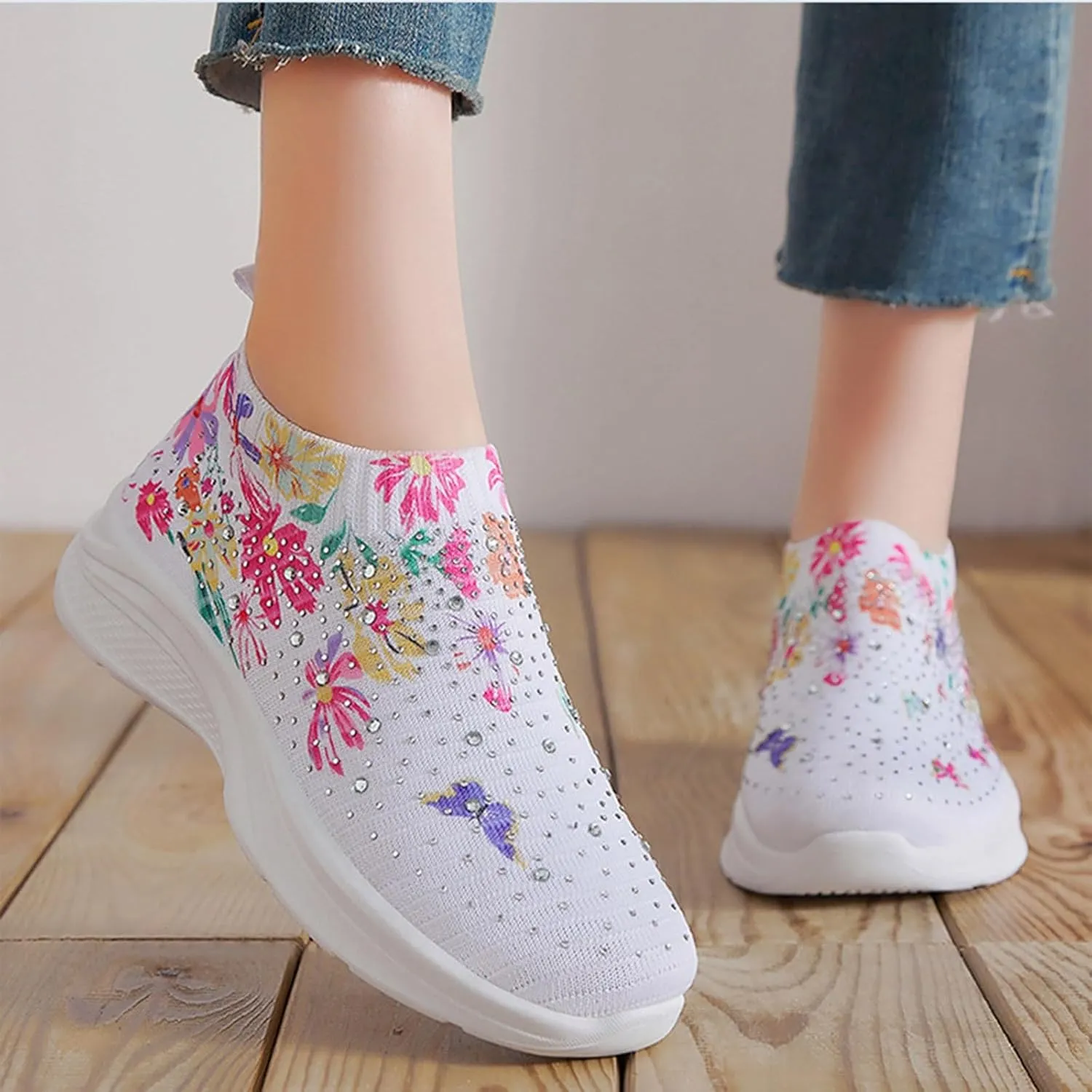 Women Rhinestone Slip On Mesh Sneakers Orthopedic Floral Print Sock Shoes Walking Running Sports Shoes,Crystal Jazz Latin Dance Shoes,Fashion Platform Sparkly Shoes