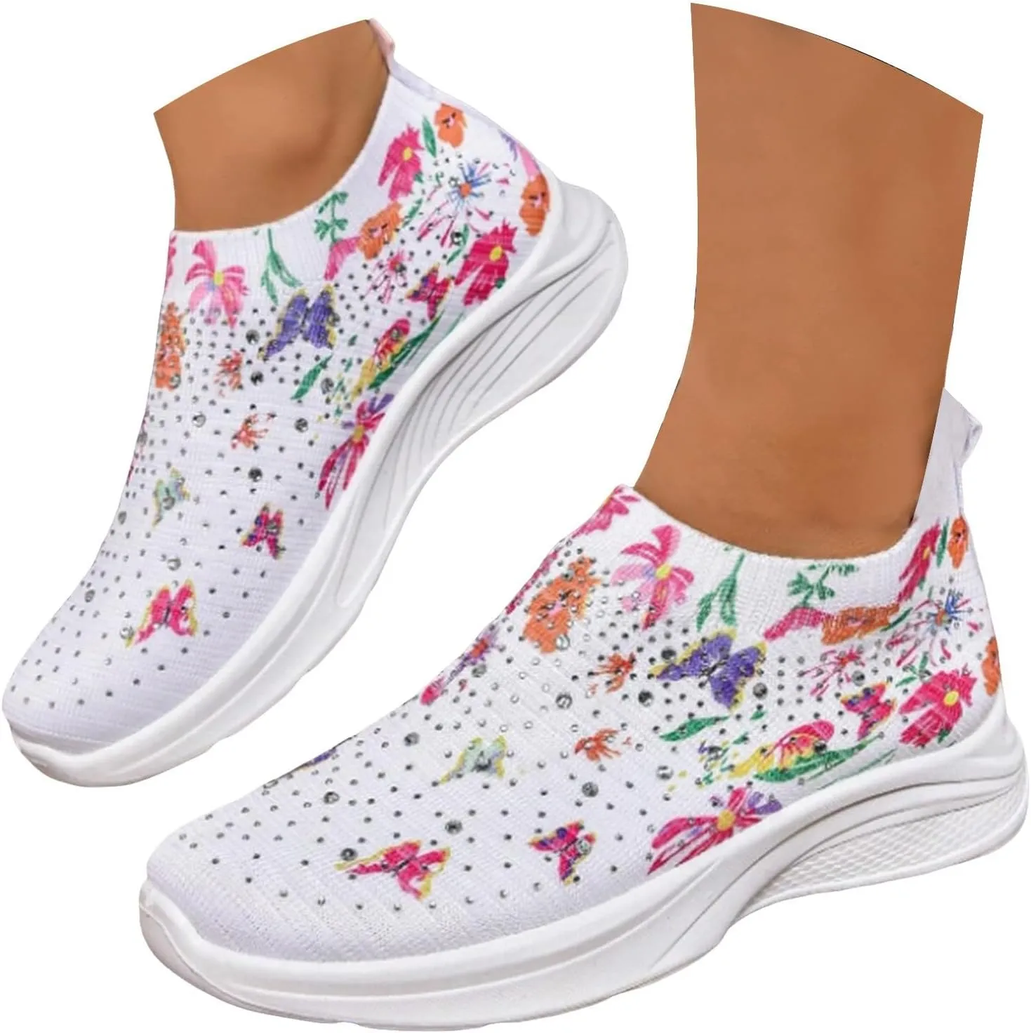 Women Rhinestone Slip On Mesh Sneakers Orthopedic Floral Print Sock Shoes Walking Running Sports Shoes,Crystal Jazz Latin Dance Shoes,Fashion Platform Sparkly Shoes
