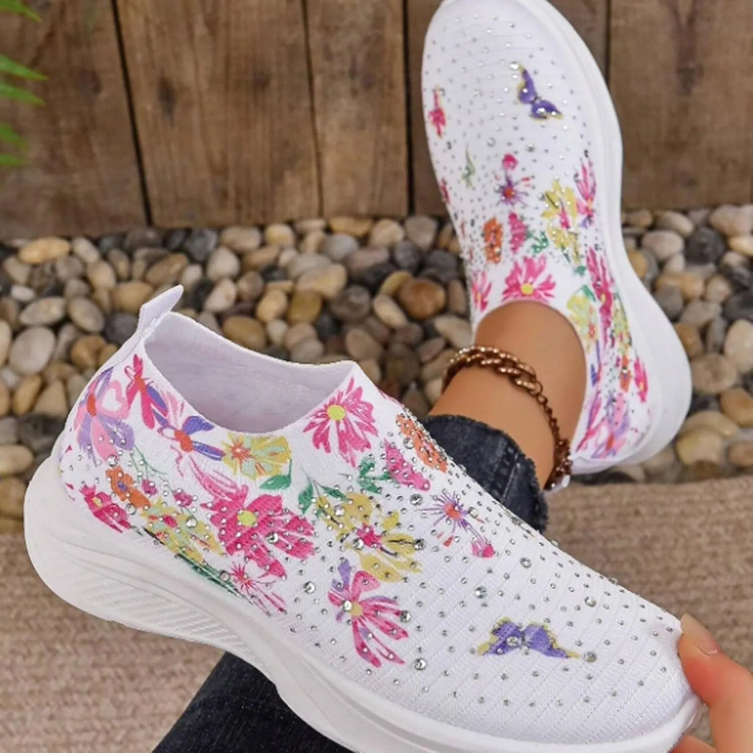 Women Rhinestone Slip On Mesh Sneakers Orthopedic Floral Print Sock Shoes Walking Running Sports Shoes,Crystal Jazz Latin Dance Shoes,Fashion Platform Sparkly Shoes
