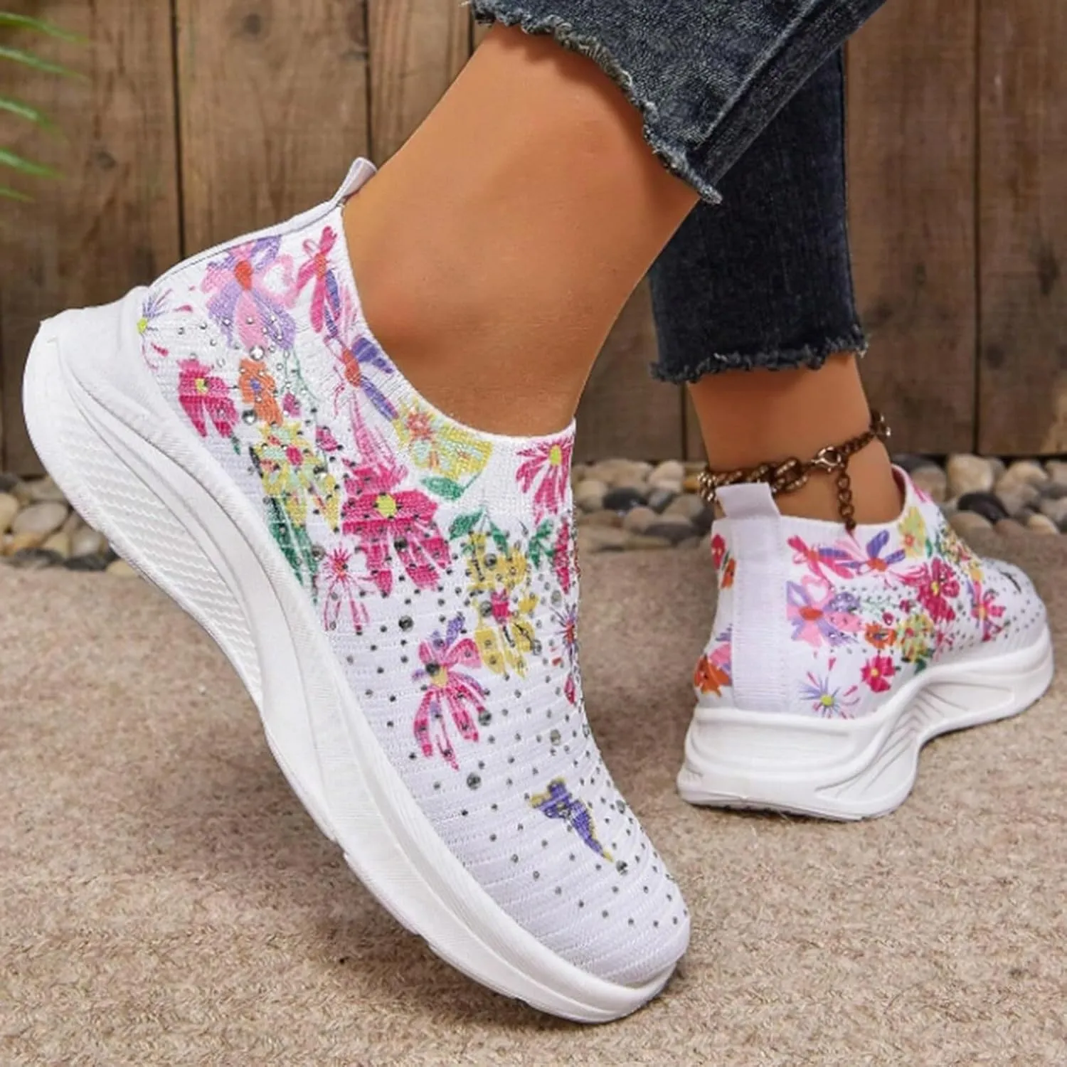 Women Rhinestone Slip On Mesh Sneakers Orthopedic Floral Print Sock Shoes Walking Running Sports Shoes,Crystal Jazz Latin Dance Shoes,Fashion Platform Sparkly Shoes