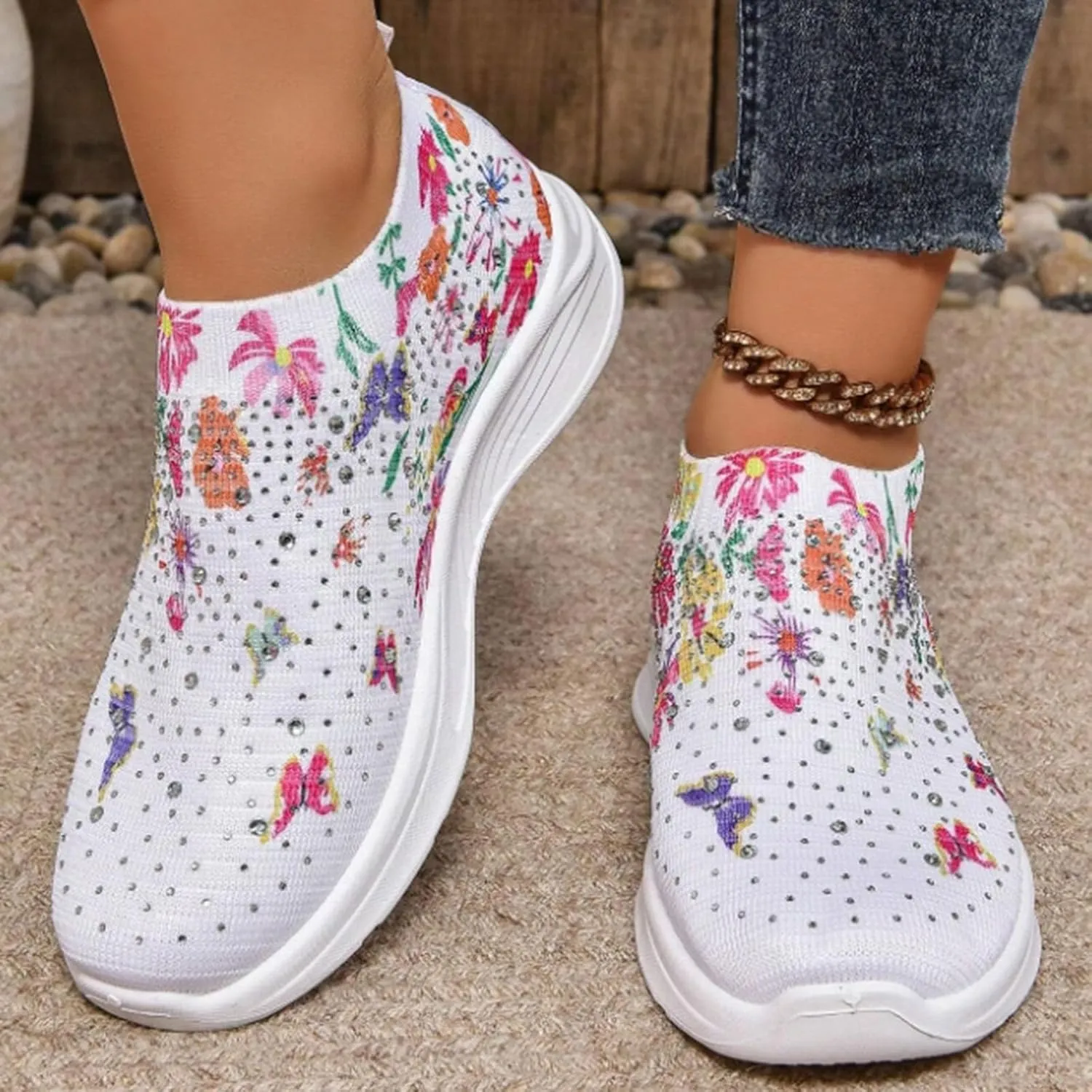 Women Rhinestone Slip On Mesh Sneakers Orthopedic Floral Print Sock Shoes Walking Running Sports Shoes,Crystal Jazz Latin Dance Shoes,Fashion Platform Sparkly Shoes