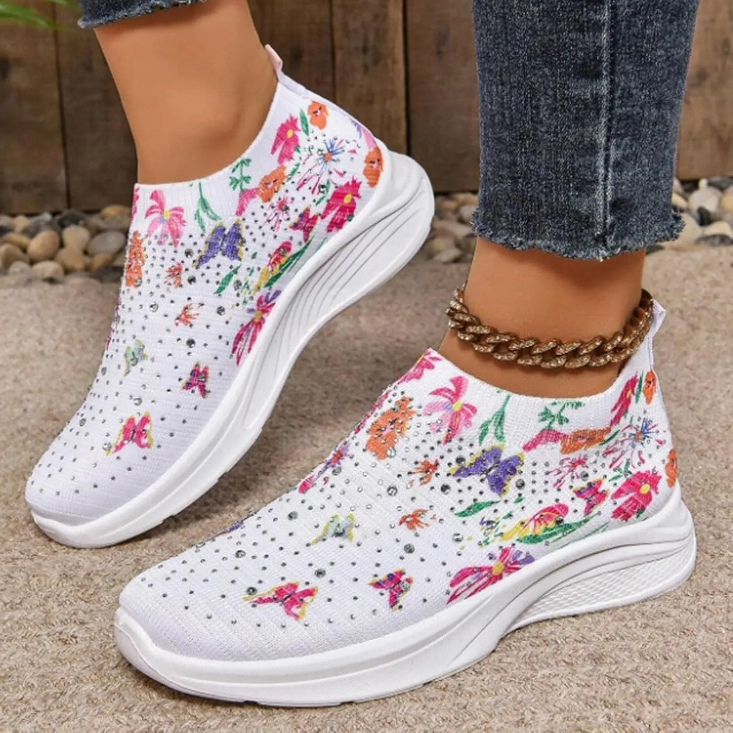 Women Rhinestone Slip On Mesh Sneakers Orthopedic Floral Print Sock Shoes Walking Running Sports Shoes,Crystal Jazz Latin Dance Shoes,Fashion Platform Sparkly Shoes