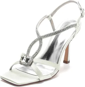 Women Satin Open Toe Stiletto Sandals Crystal Satin Wedding Shoes for Bride Slingback Party Prom Dressy High Heels Shoes 9.5Cm