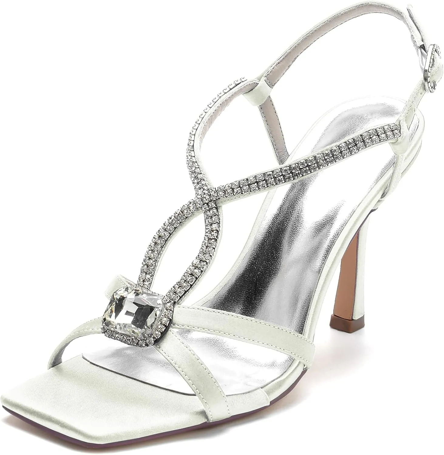 Women Satin Open Toe Stiletto Sandals Crystal Satin Wedding Shoes for Bride Slingback Party Prom Dressy High Heels Shoes 9.5Cm