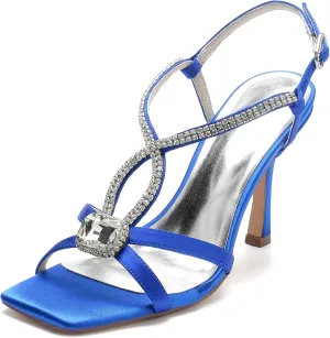 Women Satin Open Toe Stiletto Sandals Crystal Satin Wedding Shoes for Bride Slingback Party Prom Dressy High Heels Shoes 9.5Cm