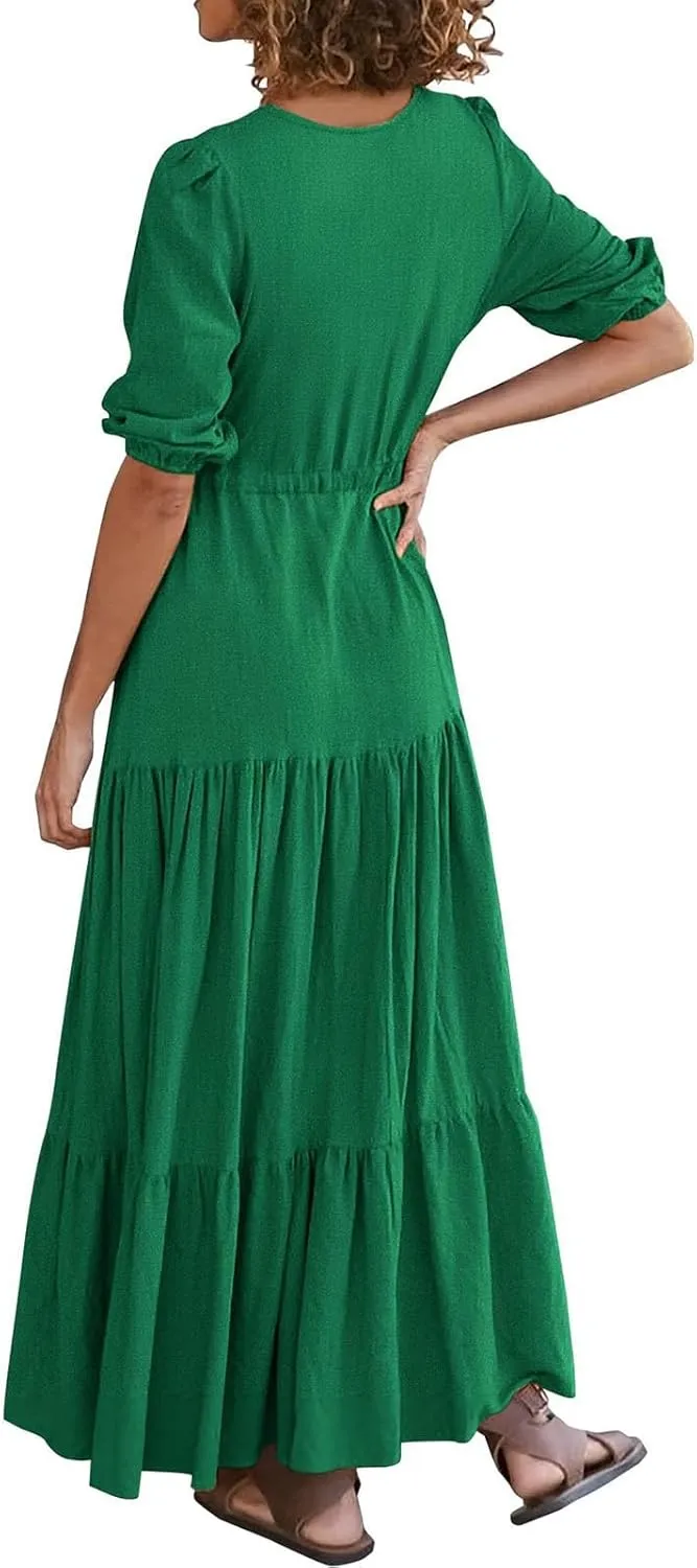 Women Summer Dresses Casual Short Sleeve Maxi Dress V Neck Split Long Beach Dress Button Drawstring Vacation Sundress