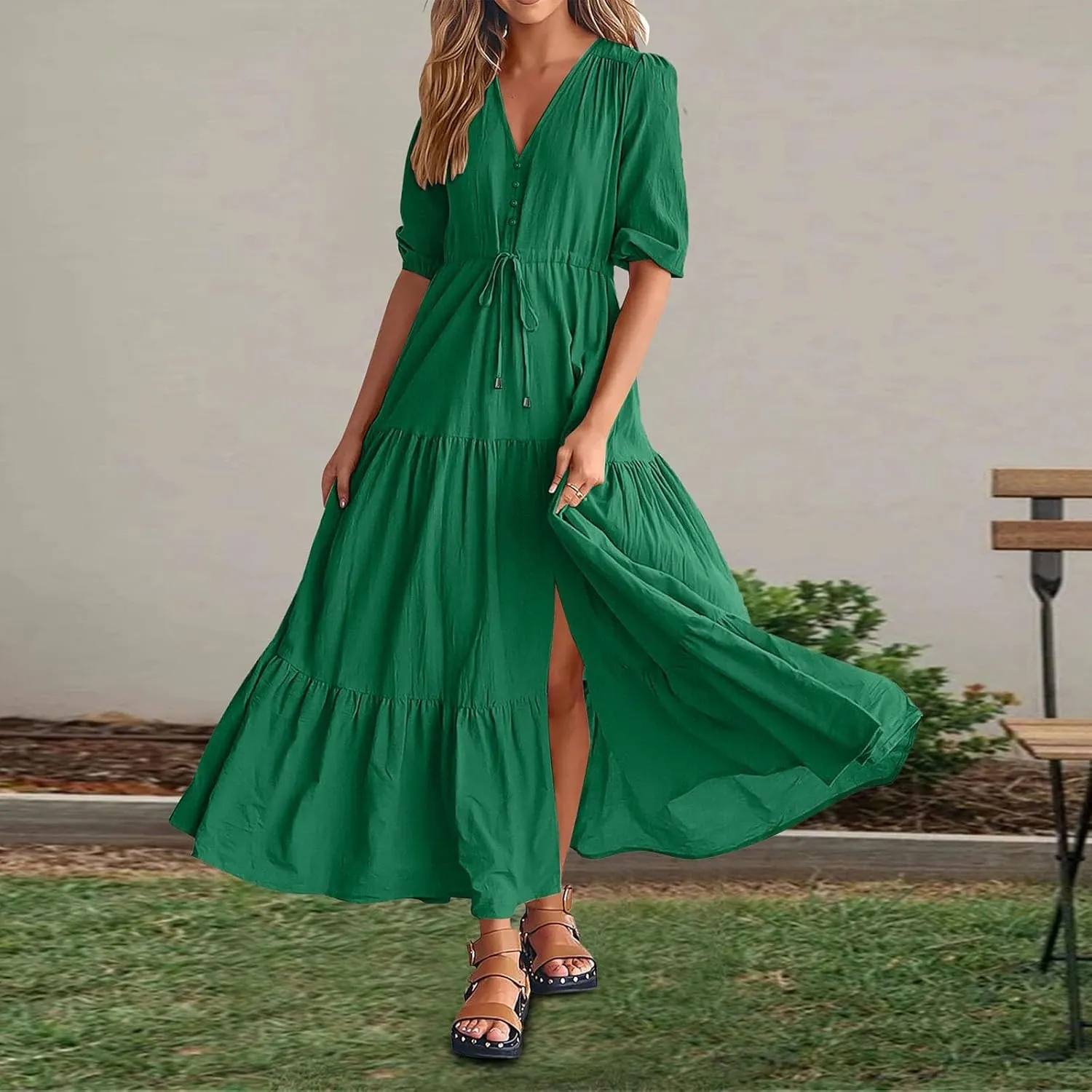 Women Summer Dresses Casual Short Sleeve Maxi Dress V Neck Split Long Beach Dress Button Drawstring Vacation Sundress